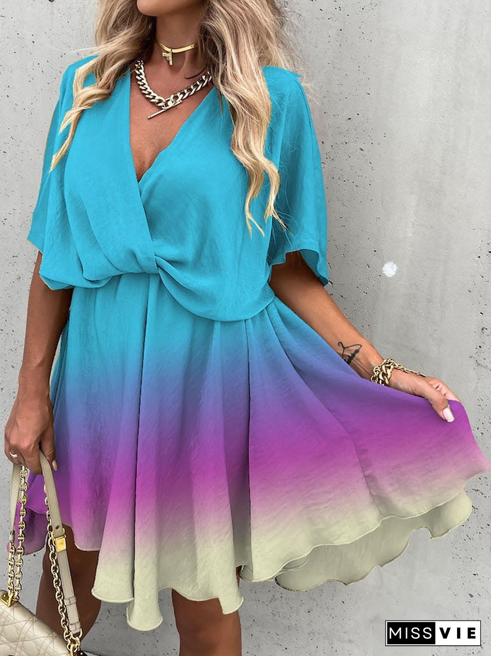 Summer Women Fashion Gradient Mini Dress Elegant Short Sleeve V Neck Loose Pleated Dress Ladies Casual Big Hem Multicolor Dress