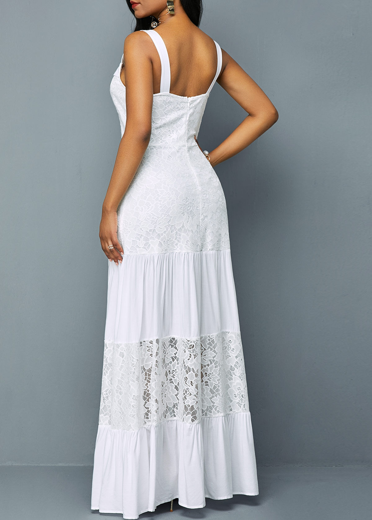 Lace Patchwork Ruffle Hem Button Detail Dress