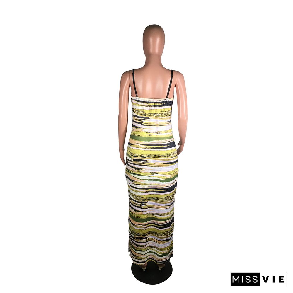 Split Sling Adjustable Buckle Stripe Tie Dye Midi Dress