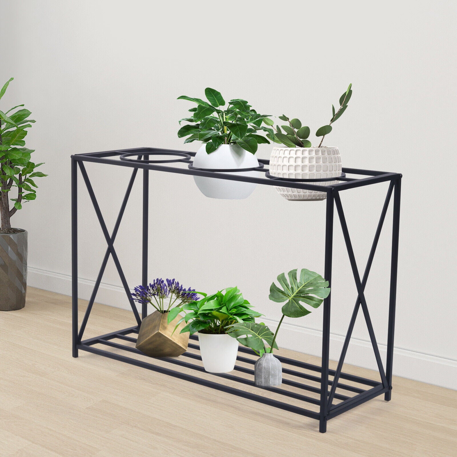 2 Tier Metal Flower Pot Stand Indoor Outdoor Plant Display Storage Rack Black