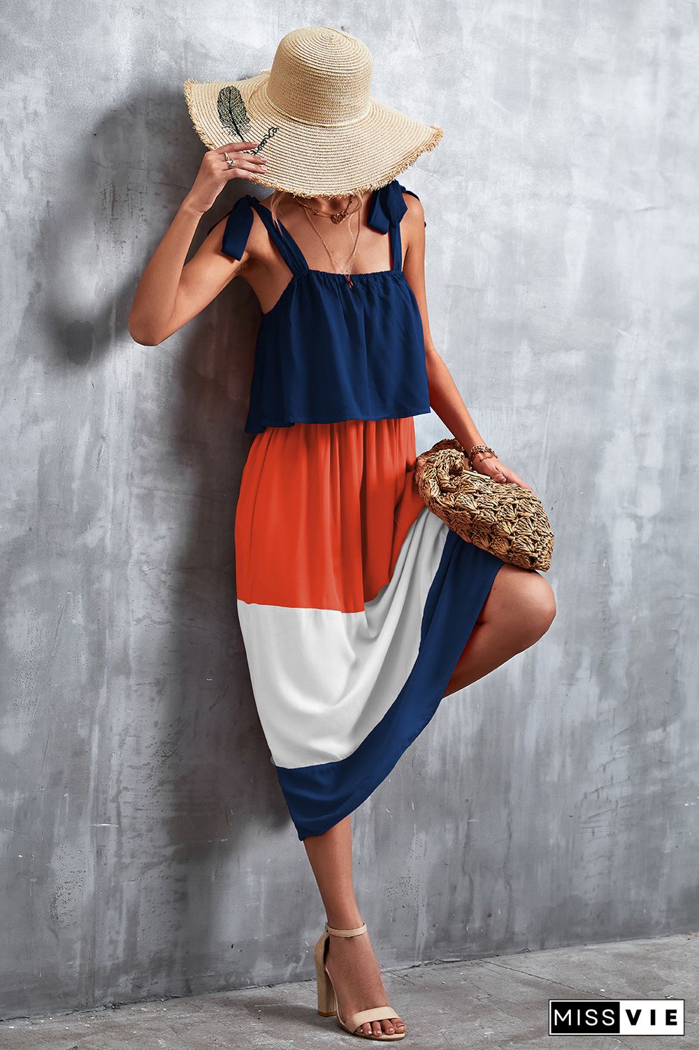 Tie Strap Color Block Maxi Dress