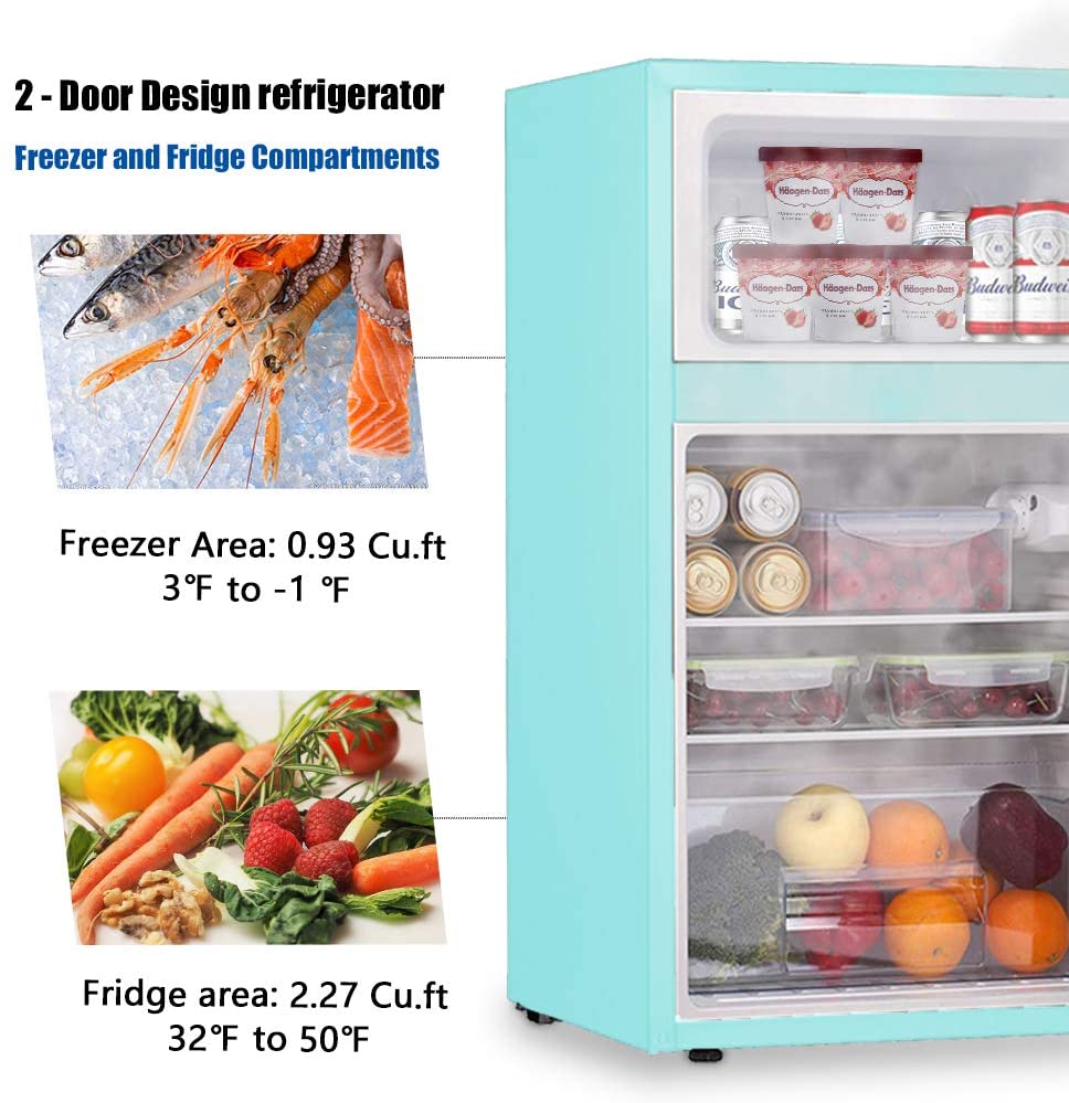 3.2 Cu.ft Compact Double Door Refrigerator with Freezer, Freestanding Mini Fridge with Top Door Upright Freezer for Home,Dorm,Office or RV with Removable Glass Shelves (Green)