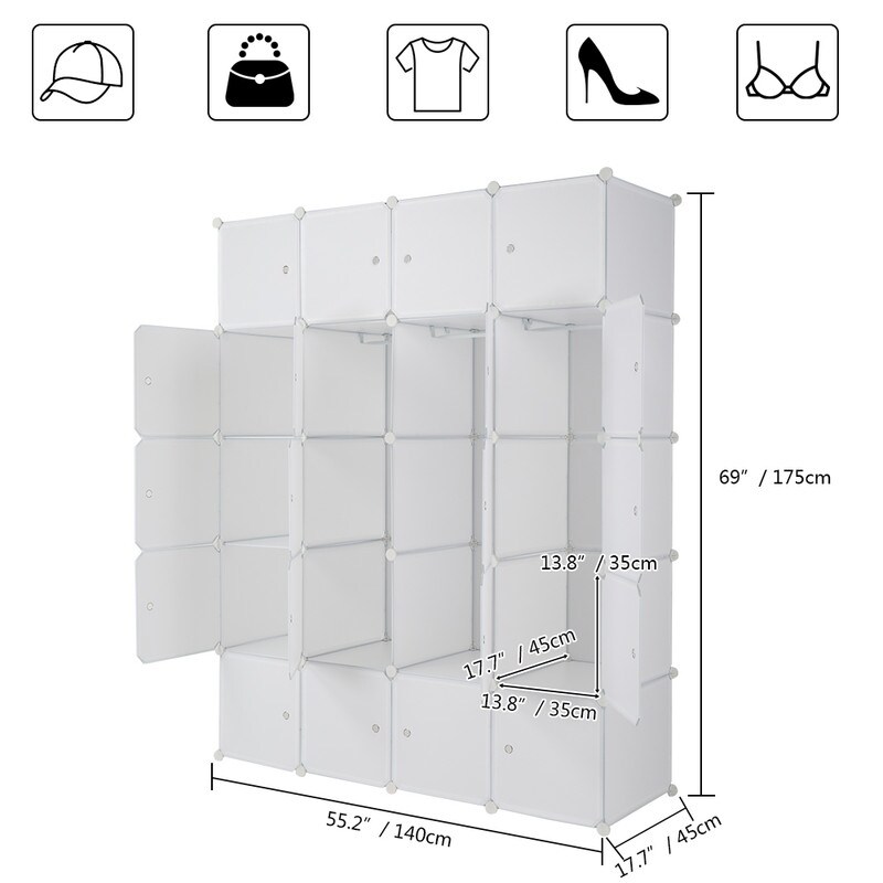 8/12/16/20 Cube Organizer Stackable Plastic Cube Storage Closet Cabinet with Hanging Rod White