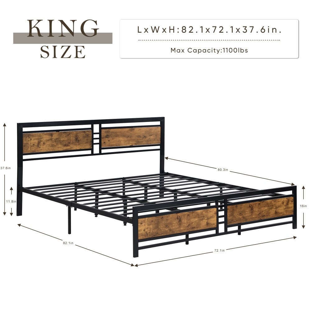 Metal Platform Bed Frame with Wood Headboard and Footboard