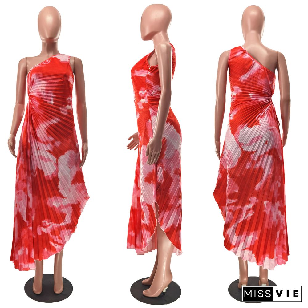 Summer New Sexy One-shoulder Print Pleated Dress