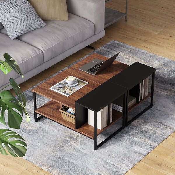 Farmhouse Glass Coffee Table with Storage， Metal Wood - 39.3 x 23.6 x 17.7