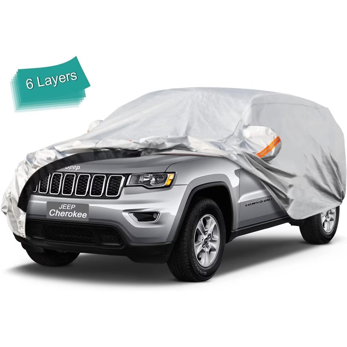 KouKou SUV Car Cover Custom Fit Jeep Cherokee from 2013 to 2022， 6 Layer Heavy Duty Full Exterior Cover Waterproof All Weather， Silver