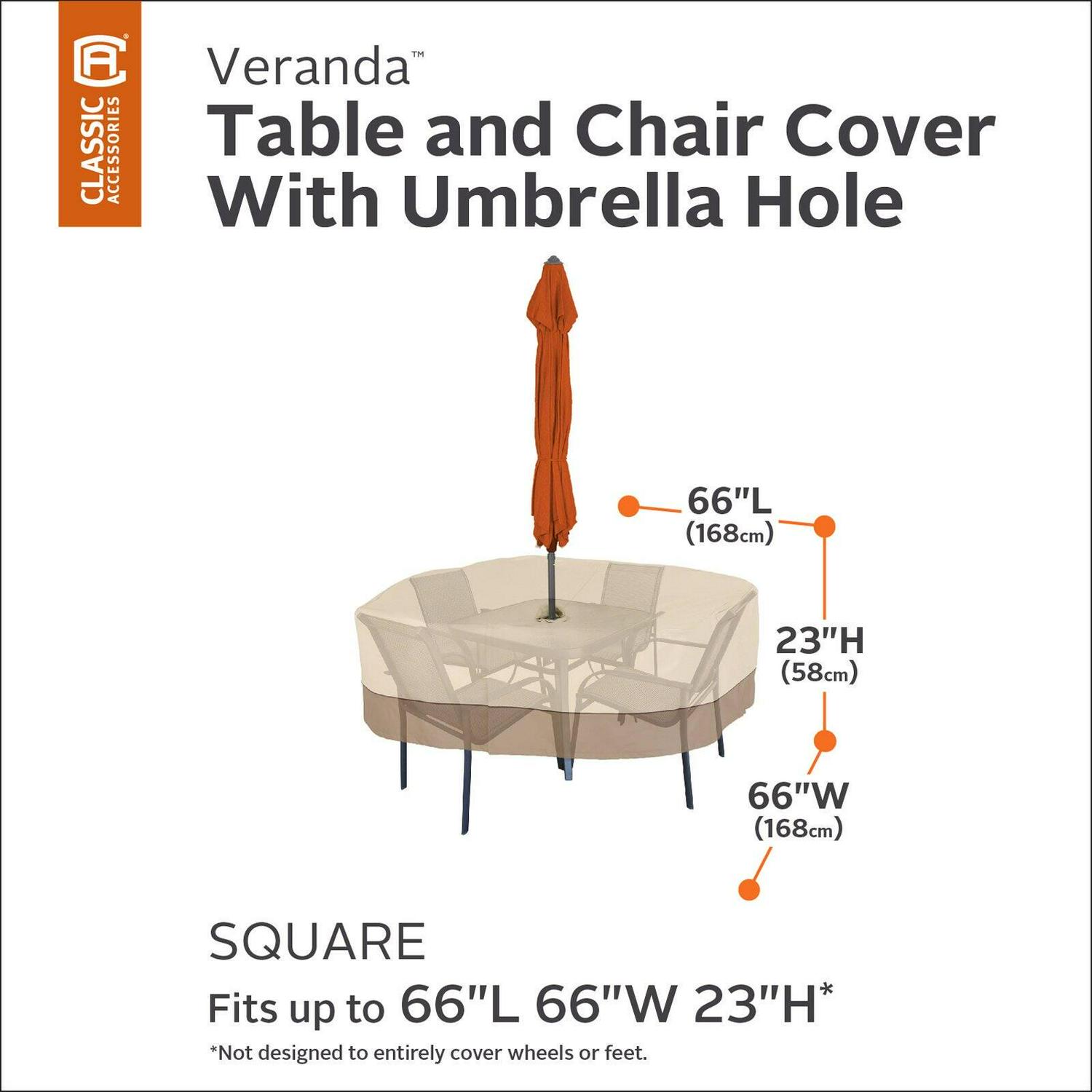 Classic Accessories Veranda Water-Resistant 66 Inch Square Patio Table and Chair Set Cover with Umbrella Hole