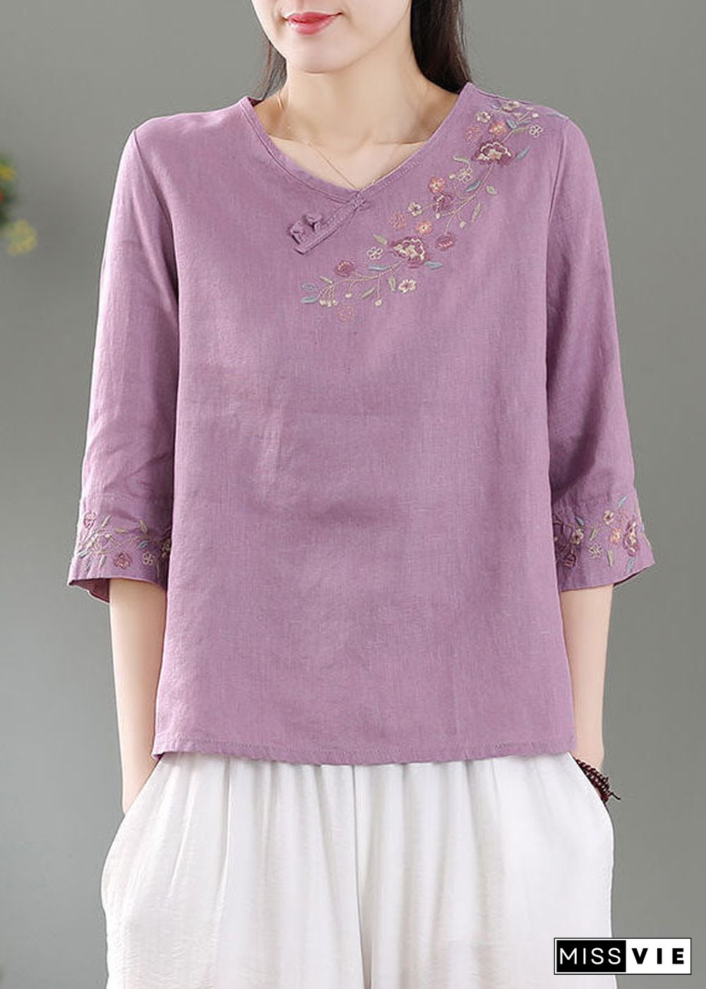 Purple Patchwork Linen Shirt Top O-Neck Embroideried Three Quarter sleeve