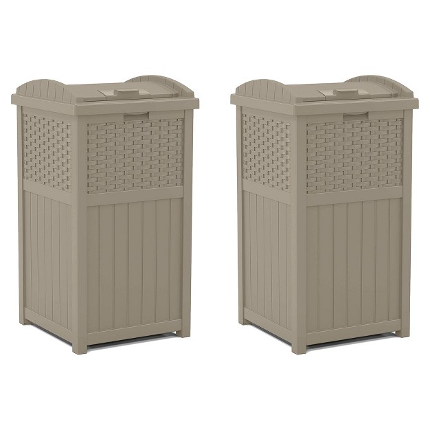 Suncast Wicker Plastic Outdoor Hideaway Trash Can With Sturdy Base amp Latching Lid For Use In Lawn Backyard Deck Or Patio Dark Taupe 2 Pack