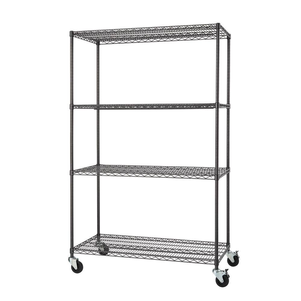 TRINITY PRO Black 4-Tier Rolling Steel Wire Garage Storage Shelving Unit (48 in. W x 77 in. H x 24 in. D) TBFPBA-0925