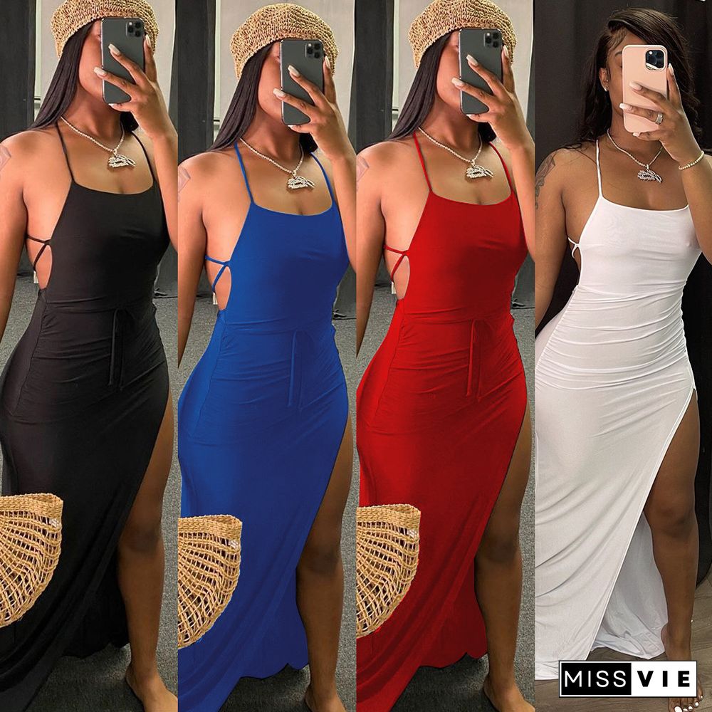 Women Sexy Solid Backless Halter Sling Bandage High Side Slit Slinky Evening Party Long Maxi Dress