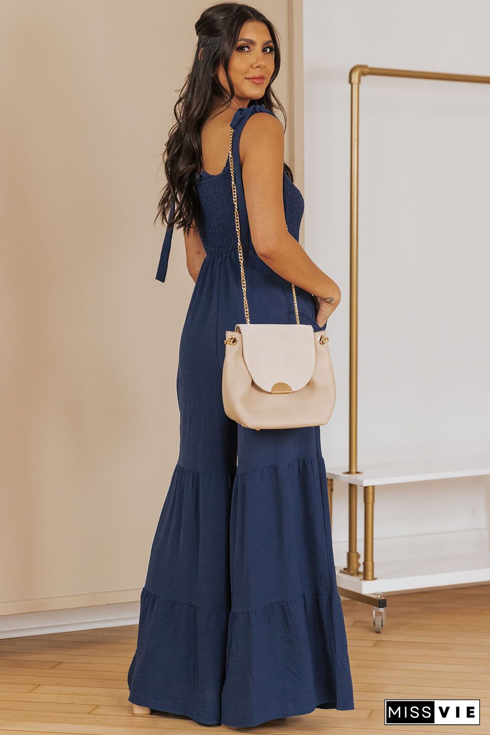 Blue Tie Straps Shirred Bodice Tiered Wide Leg Jumpsuit