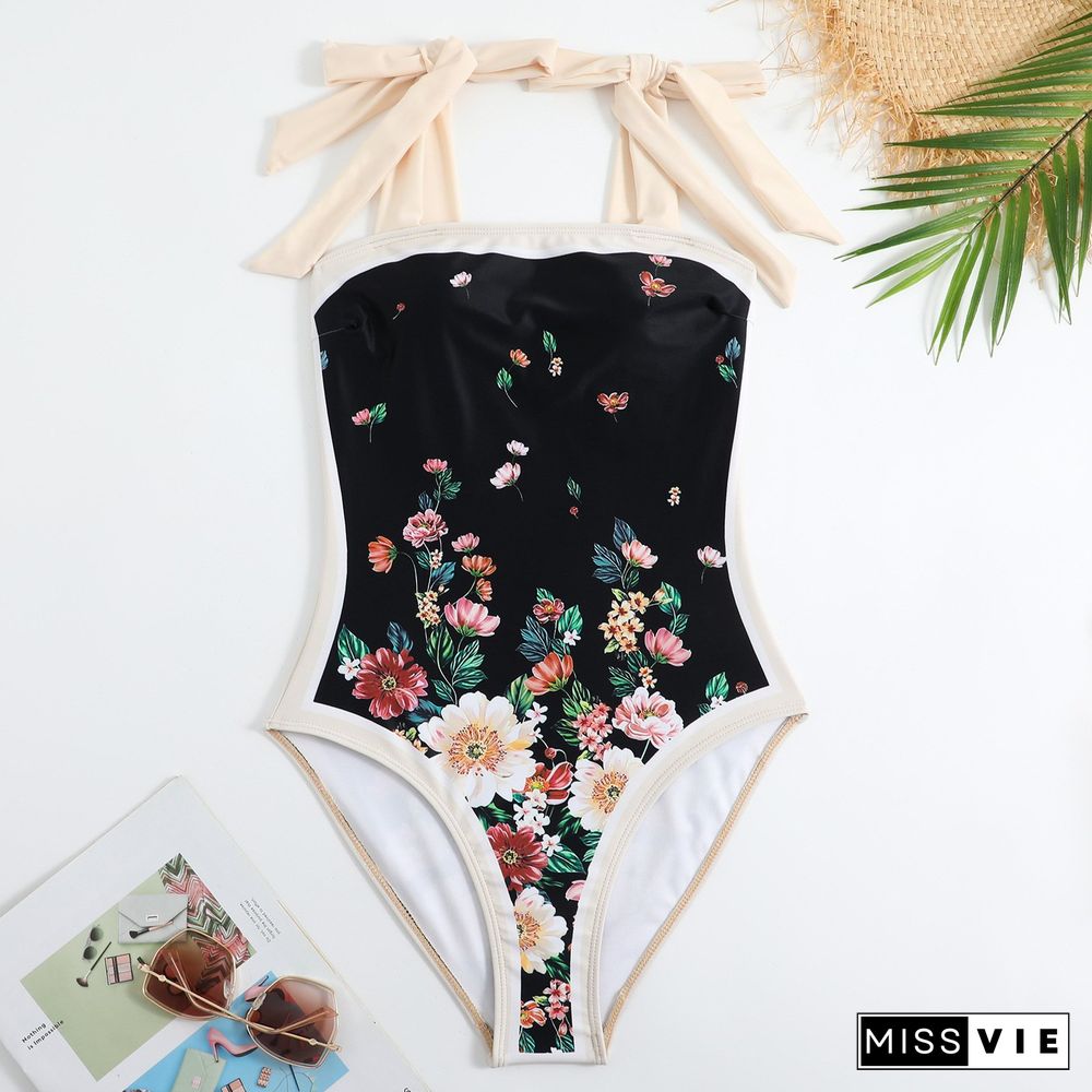 Women's Vintage Floral Print One-Piece Swimsuit Set