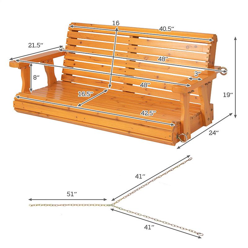 2-Person Wooden Porch Swing with Hanging Chains for Garden Yard