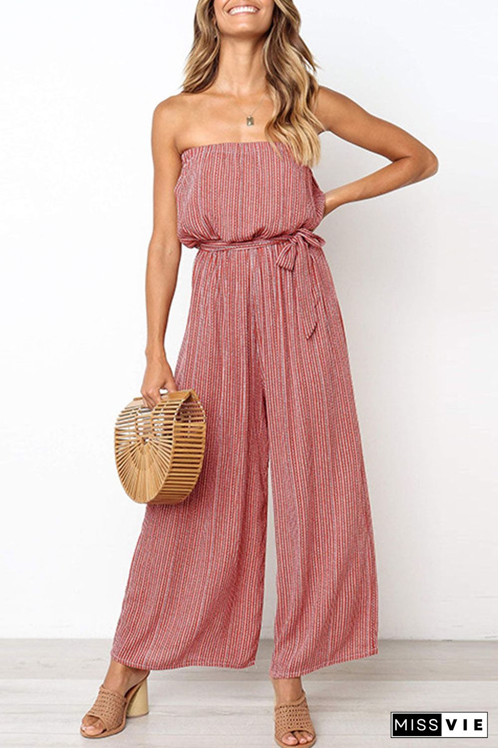 Fashion Street Striped With Belt Strapless Loose Jumpsuits