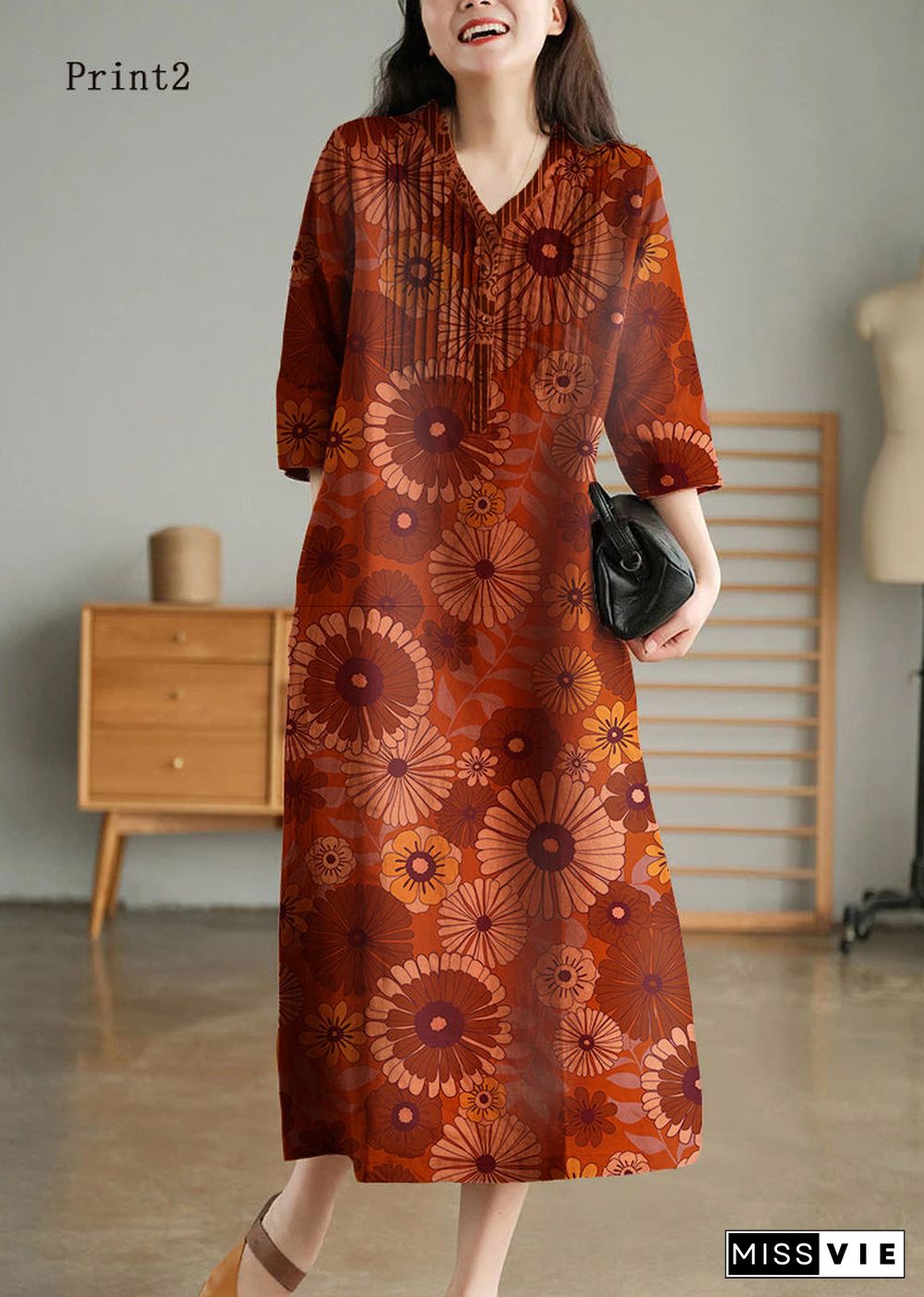 Print4 Loose Linen Long Dresses Button Solid Half Sleeve