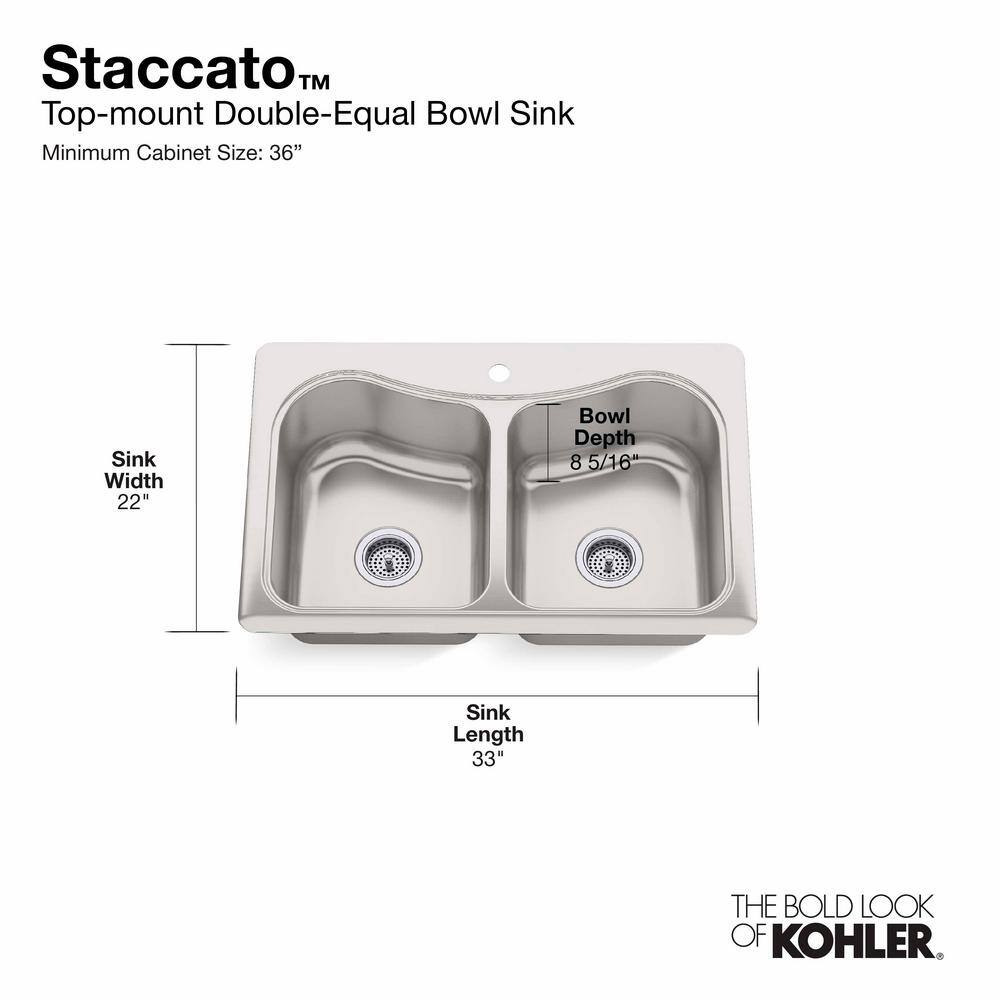 KOHLER Staccato Drop-In Stainless Steel 33 in. 1-Hole Double Bowl Kitchen Sink with Hardwood Cutting Board K-3369-1-NA