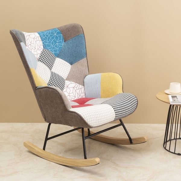 Fabric Rocker Chair with Wood Legs and Patchwork Linen