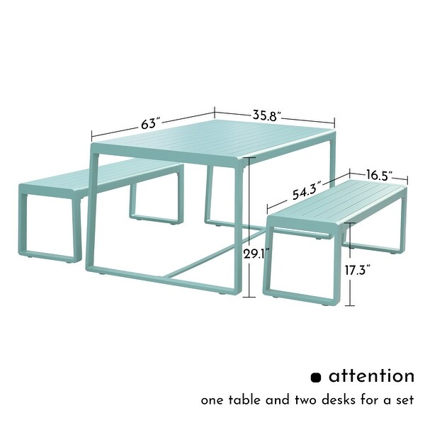 Aoodor Outdoor 3Piece Aluminum Picnic Table Set，Rectangular Patio Dining Table with Benches