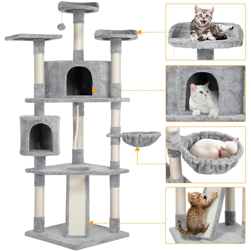 Topeakmart 798221 Multilevel Cat Tree Condo with Basket and Scratching Posts and Ramp Light Gray  Crowdfused