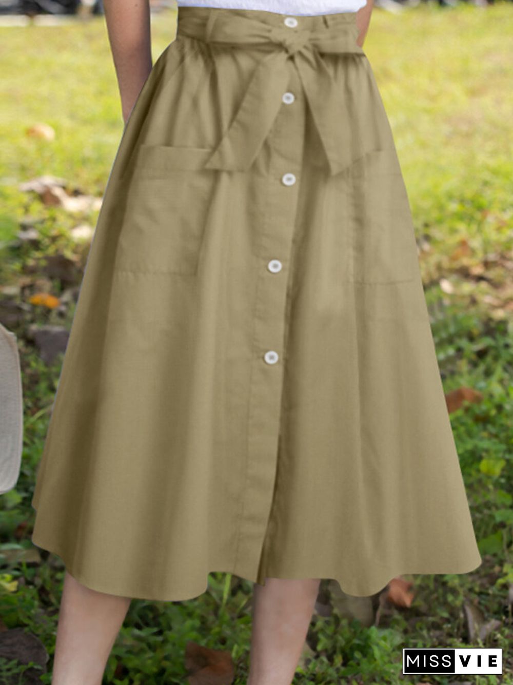 Solid Color Button Pocket Knotted Long Casual Skirt for Women