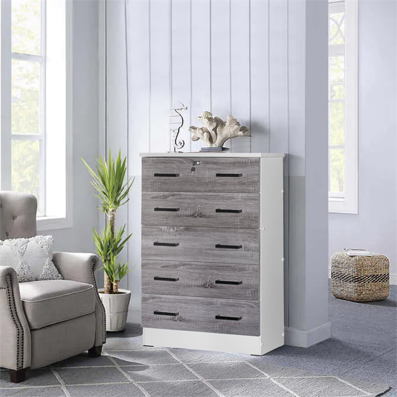 Better Home WC5-Wht-Gry Cindy 5 Drawer Chest Wooden Dresser with Lock, White & Gray