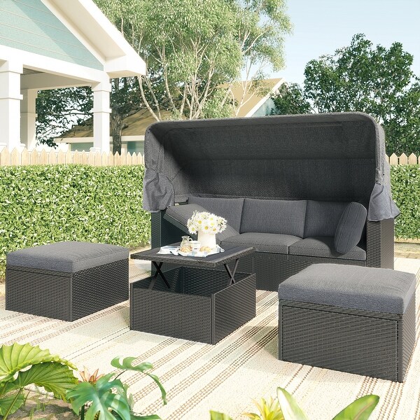 Roomfitters Outdoor Patio Rectangle Daybed with Retractable Canopy，Wicker Sectional Seating with Washable Cushions