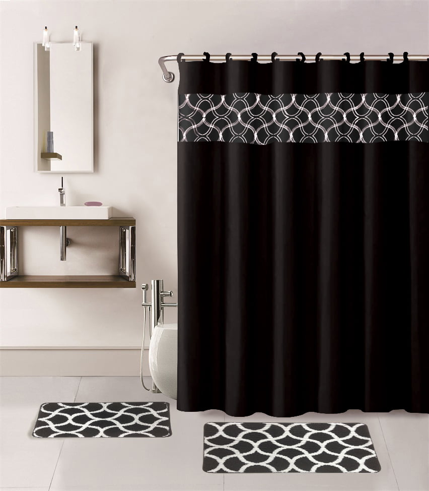 BATHROOM 15PC SET GEOMETRIC PATTERN CORAL DESIGN BLACK/IVORY OFF EMBROIDER INCLUDES : 1 BATH MAT 18