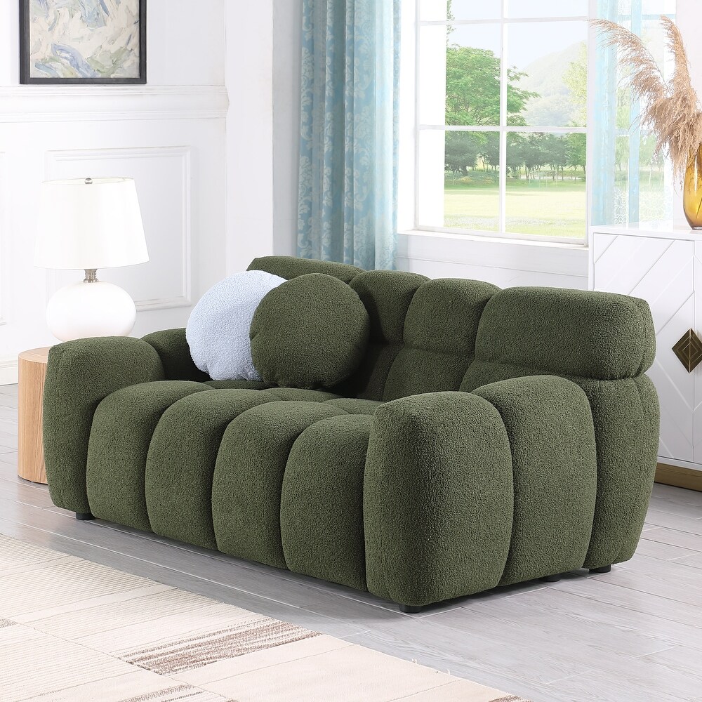 Boucle Loveseat Sofa Marshmallow Lounge Loveseat Sofa with Rolled Arms and Split Back  for Living Room Settee Chair  Olive Green