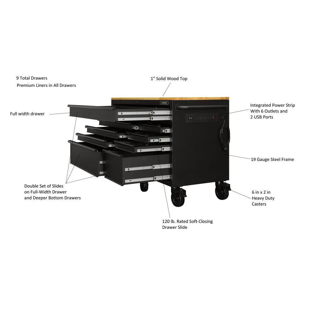  Husky 56 in. W x 24.5 in. D Heavy Duty 9-Drawer Mobile Workbench Tool Chest with Solid Hardwood Work Top in Matte Black HOTC5609BB1M