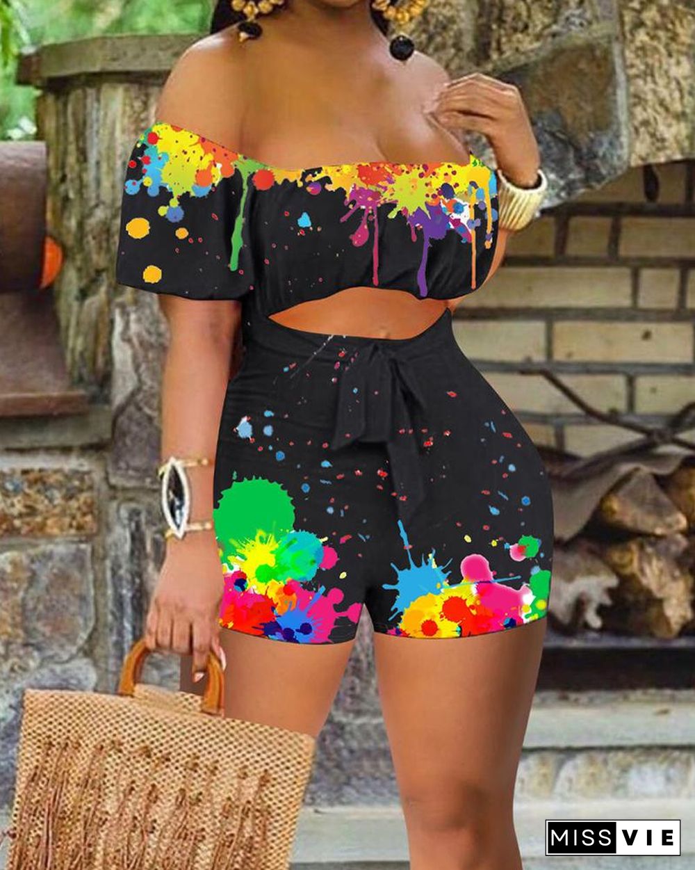 Ink Splash Off Shoulder Tie Front Cut-out Shirred Romper