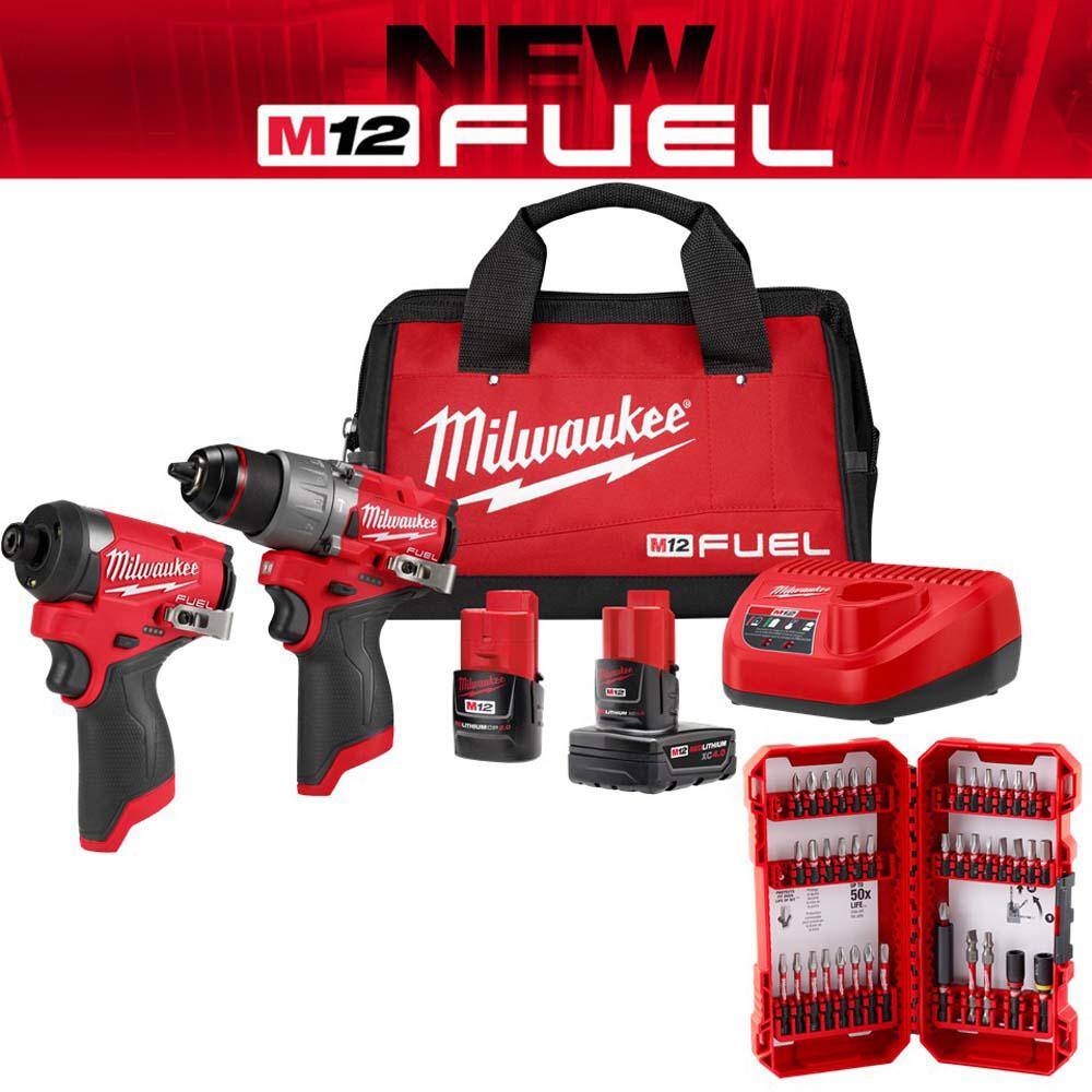 MW M12 FUEL 12-Volt Cordless Hammer Drill  Impact Driver Combo Kit with Impact Duty Driver Alloy Steel Bit Set (50-Piece) 3497-22-48-32-4024