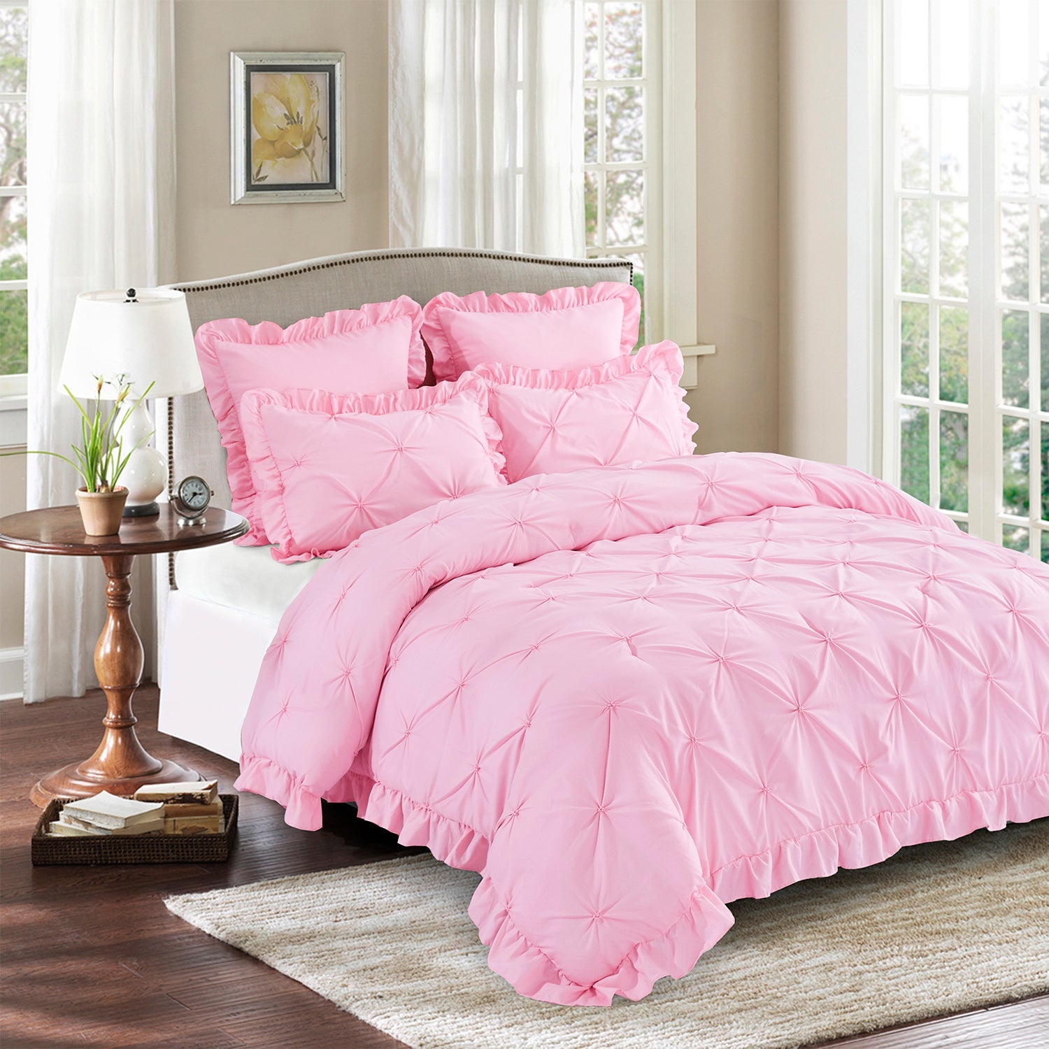 5 Piece Pinch Pleat Scallop Fringe Bedding Embroidered Comforter Set