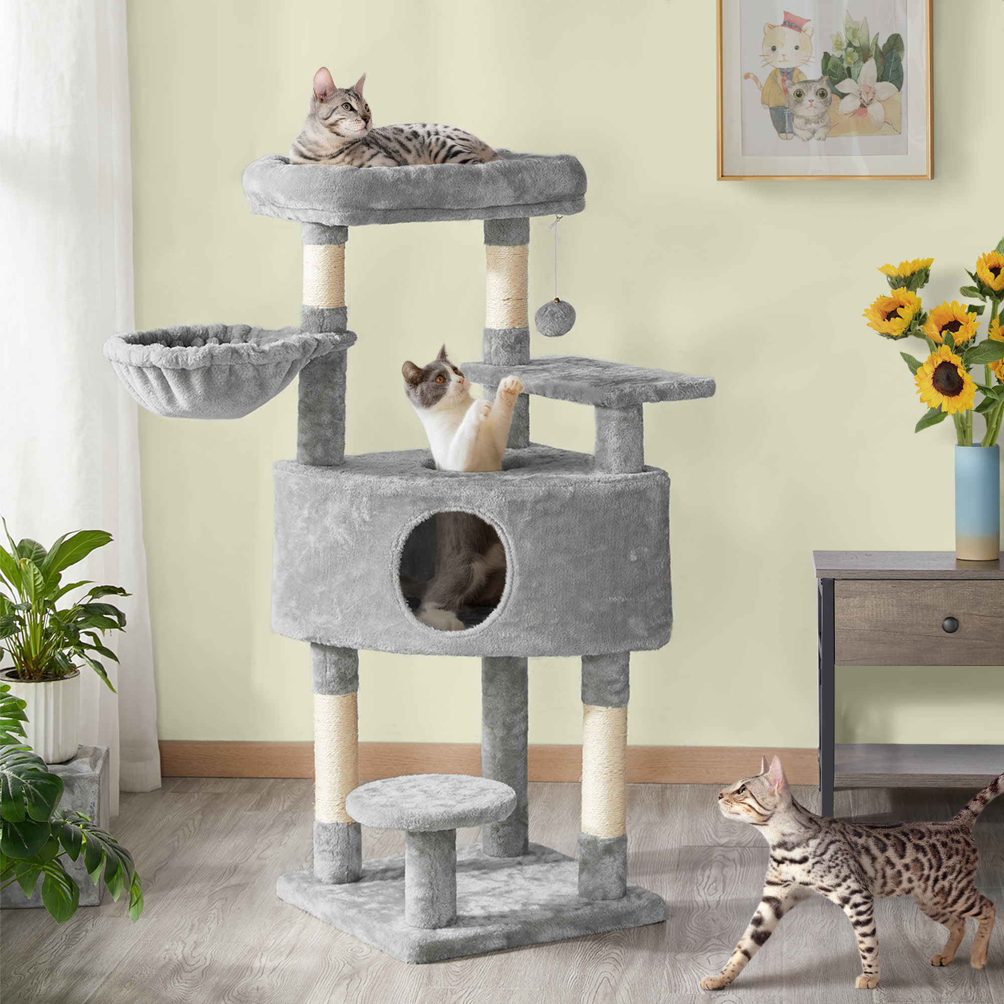 TOPEAKMART Light Gray 3-Level Cat Activity Tower with Basket， 46