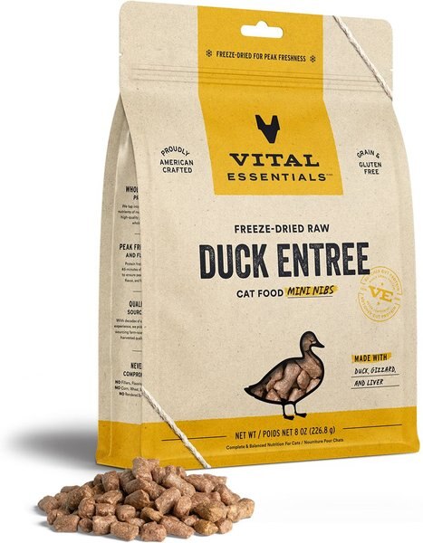 Vital Essentials Duck Entree Cat Food Mini Nibs Grain-Free Freeze-Dried Raw Cat Food， 8-oz bag