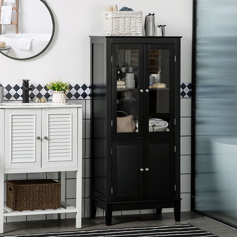 kleankin Bathroom Floor Cabinet with 2 Storage Cabinets， Tempered Glass Door， Freestanding Linen Tower with Adjustable Shelves for Living Room， Black