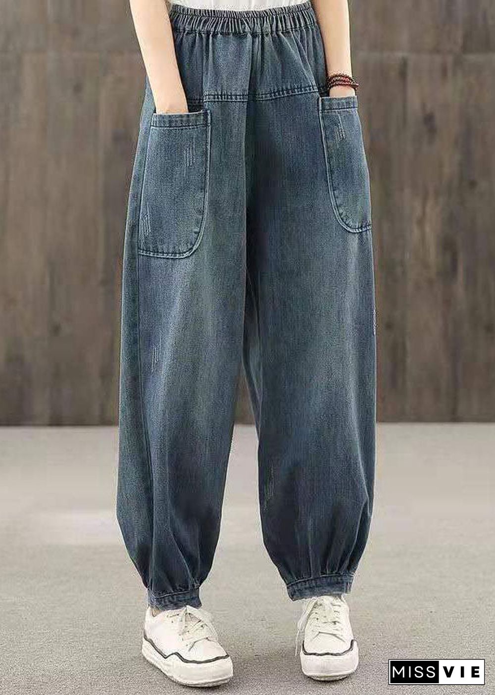 Plus Size Blue Elastic Waist Big Pockets Patchwork Cotton Denim harem Pants Summer