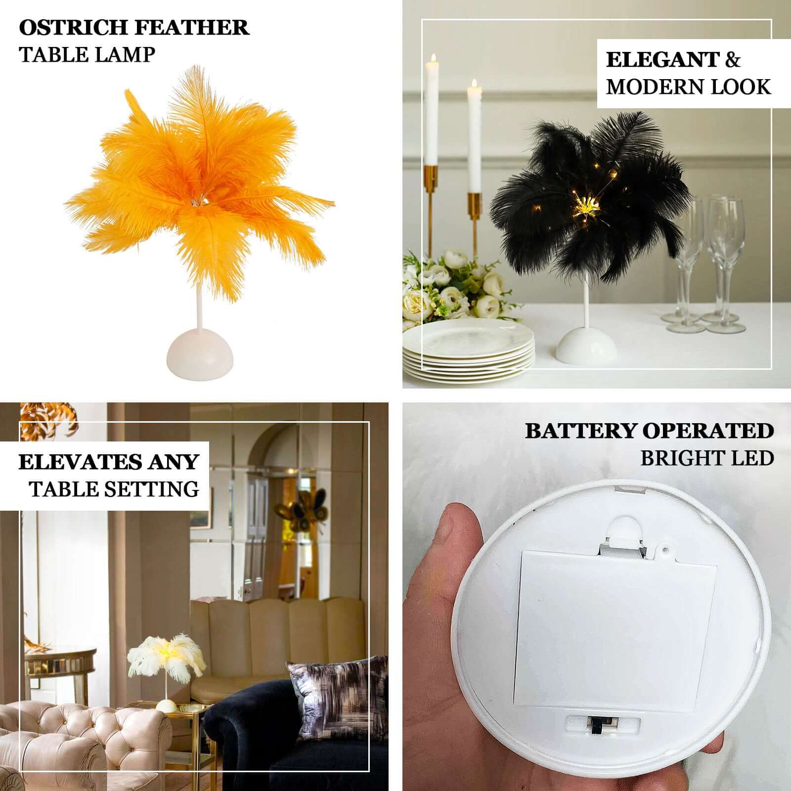 LED Black Ostrich Feather Table Lamp Desk Light, Battery Operated Cordless Wedding Centerpiece 15