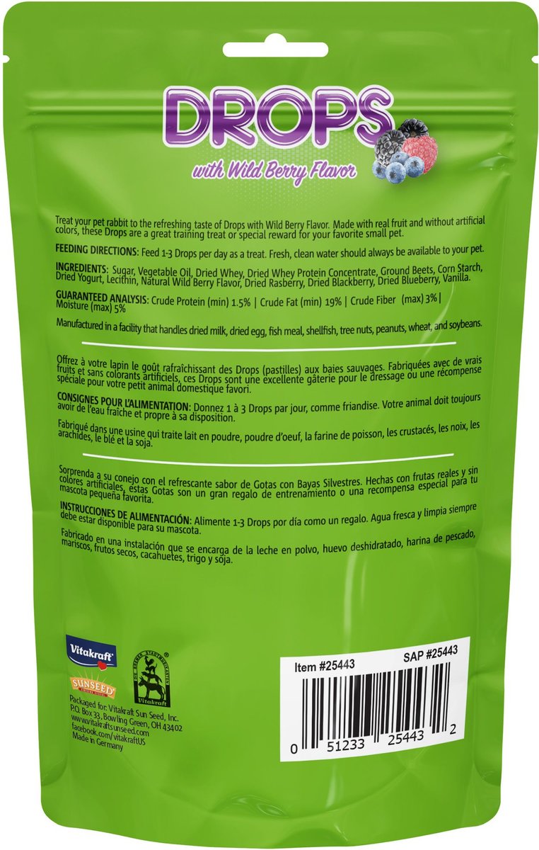 Vitakraft Drops Wild Berry Yogurt Rabbit Treats， 5.3-oz bag