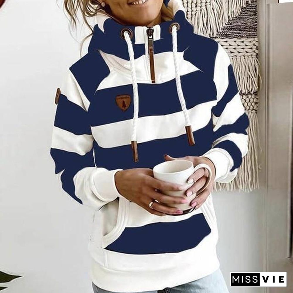 new women hoodie Stripe hoodies women Sweatshirt Long Sleeve clothes Pocket Zipper Hoodies Tops Female spring thick outwear