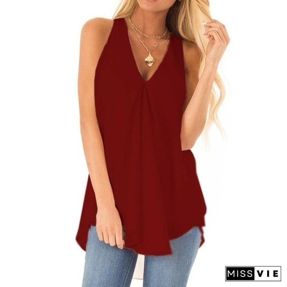 NEW Fashion Clothes Summer Women Casual Tops Loose V-neck T-shirt Solid Color Sleeveless Shirts Ladies Fashion Chiffon Pullover Tank Top Plus Size XS-8XL