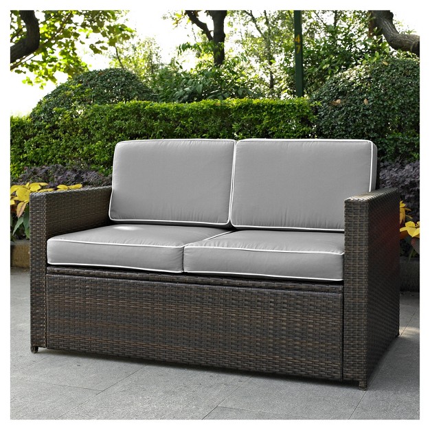 Palm Harbor Outdoor Wicker Loveseat In Brown With Gray Cushions Crosley