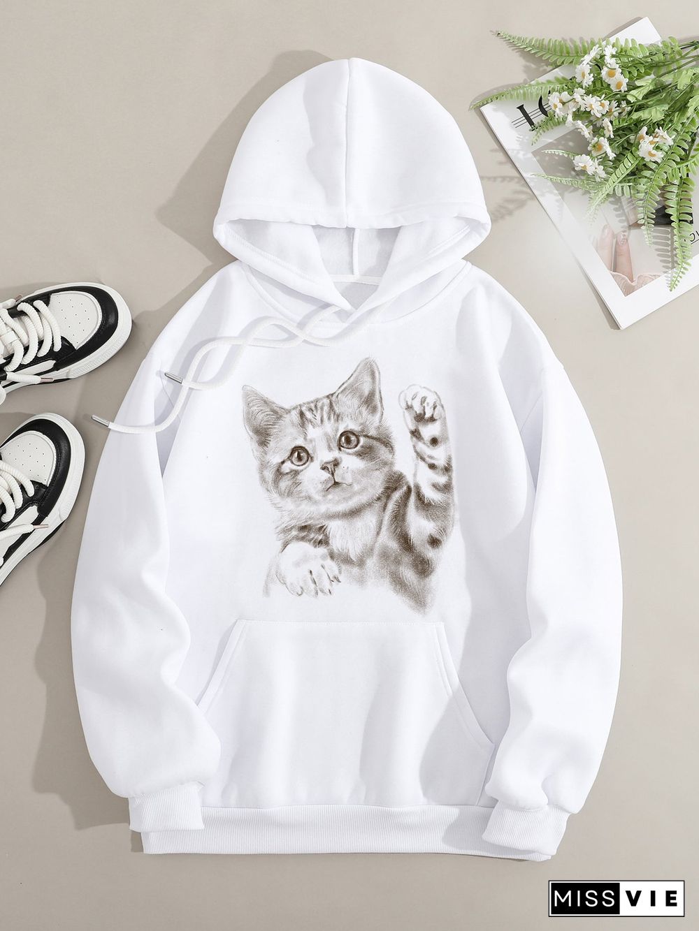 Printed on front Kangaroo Pocket Hoodie Long Sleeve for Women Pattern Cat saying hello