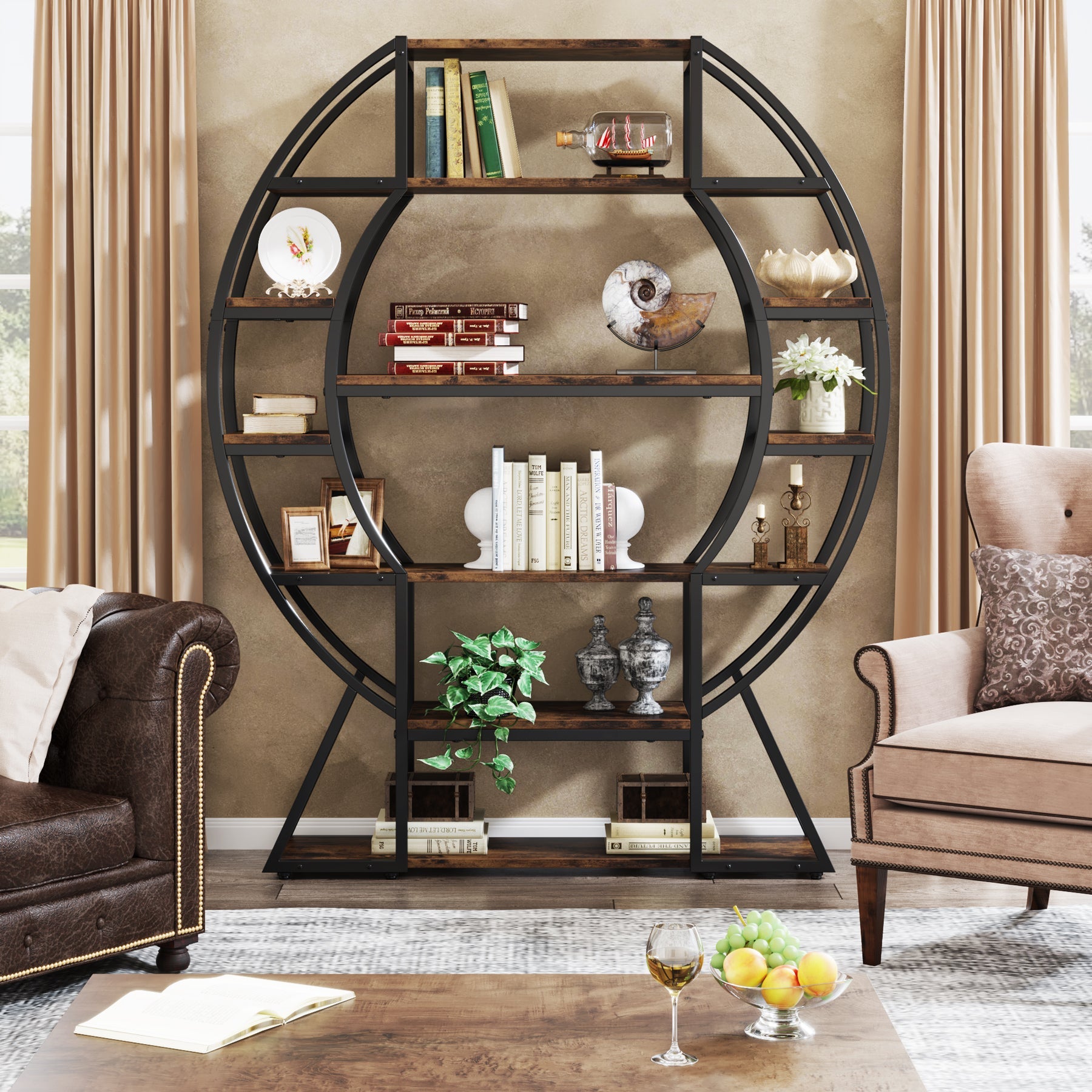 6-Tier Bookshelf, 69 Large Oval Triple Wide Bookcase with Metal Frame