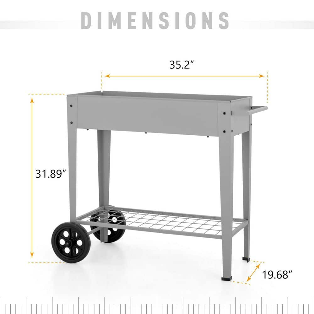 PHI VILLA Steel Elevated Garden Bed Raised Planter Box With Shelf and Wheels in Gray THD-PV-430-G