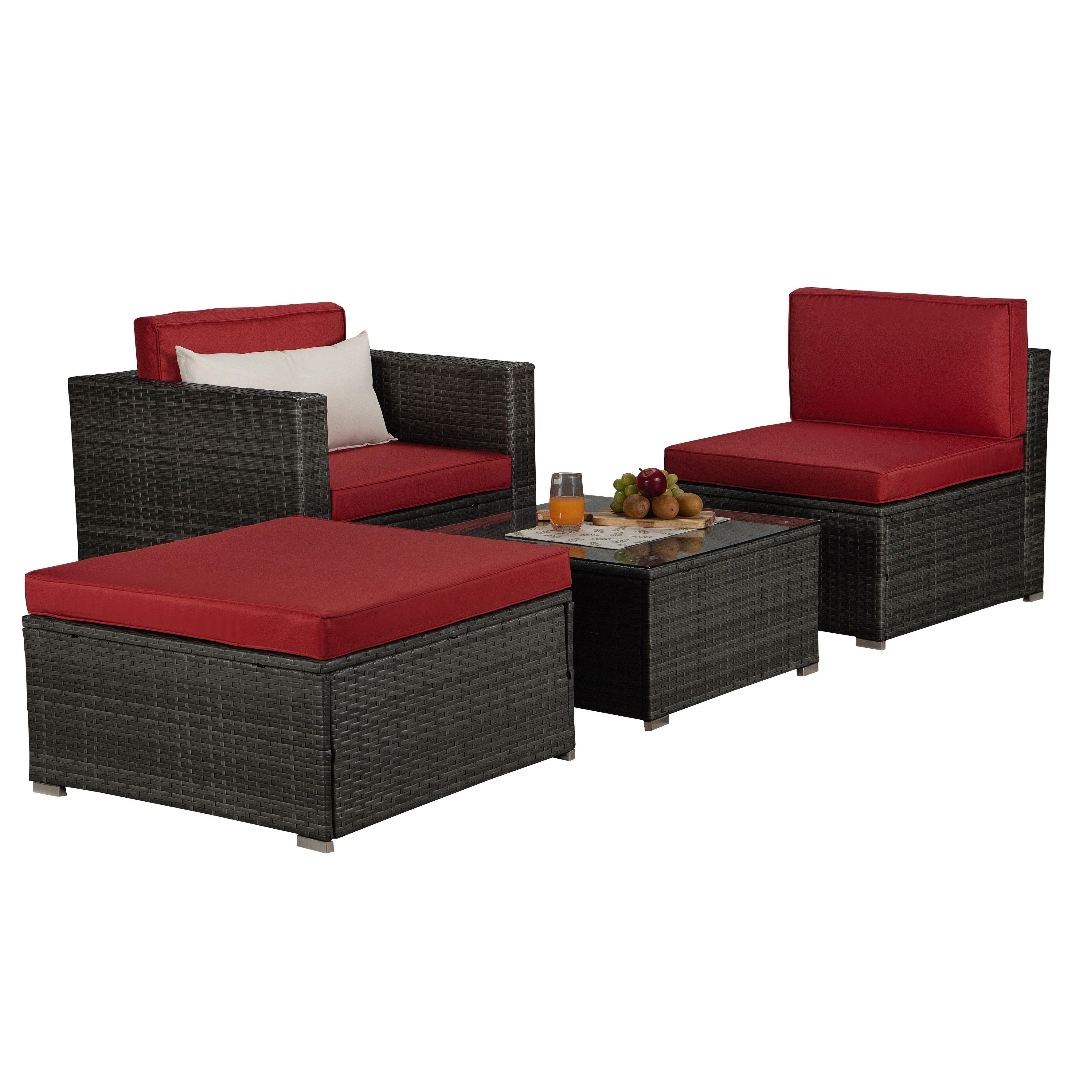 4-Piece PE Rattan Wicker Outdoor Sectional Cushioned Sofa Sets with Coffee Table and 1 Pillow - Overstock - 35972616