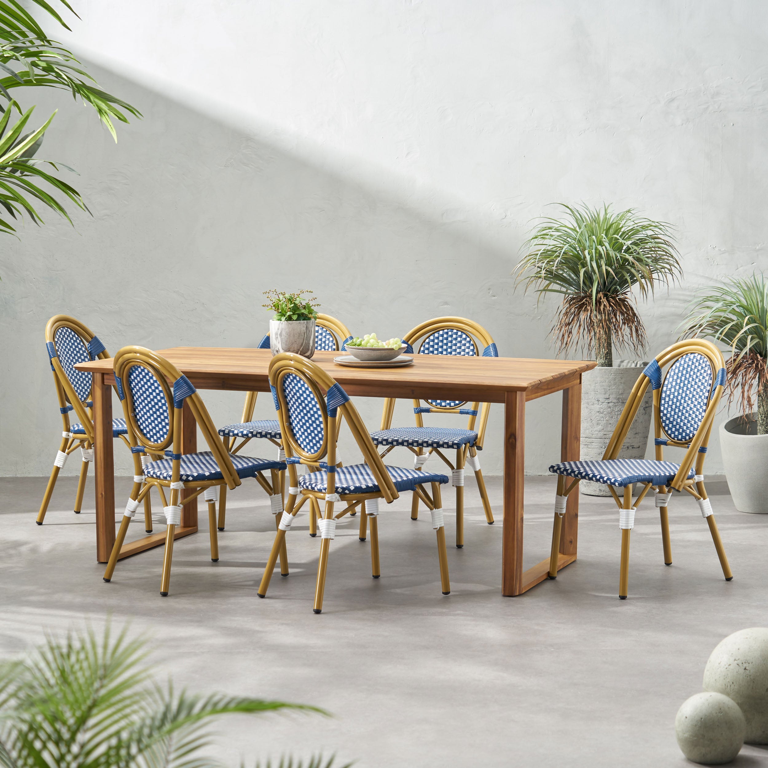 Varva Outdoor Acacia Wood and Wicker 7 Piece Dining Set