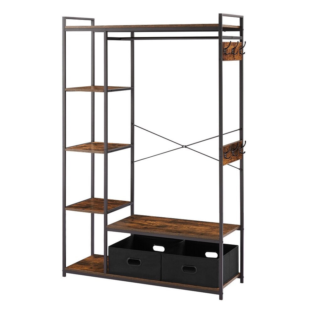 Free Standing Closet Organizer  Portable Garment Rack with Open Shelves and Hanging Rod  Black Metal Frame