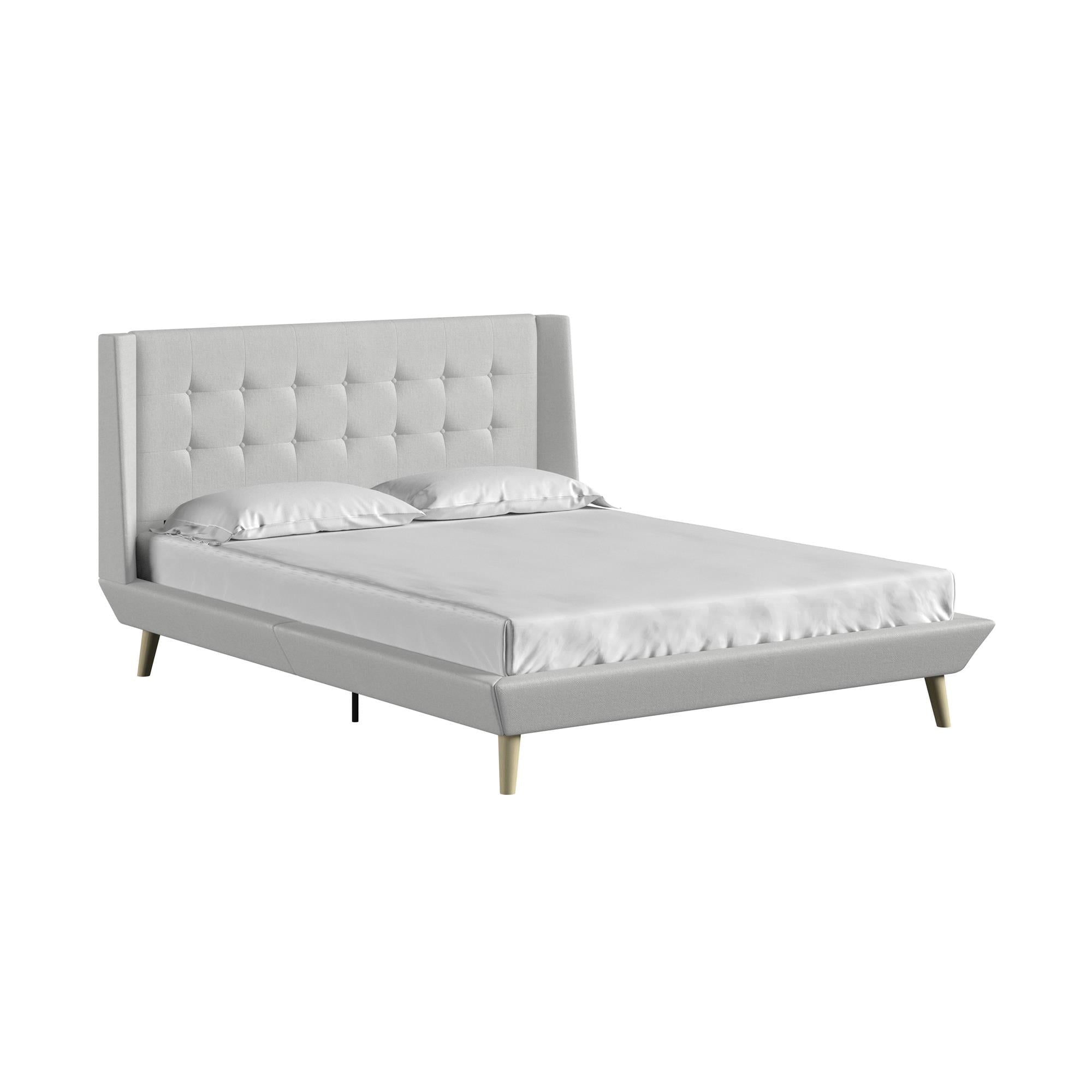 Queer Eye Farnsworth Upholstered Bed with Low Profile Platform Frame, Queen, Light Gray Linen